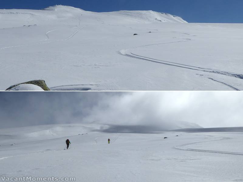 View from my lunching rock looking back up the skier I passed on the way down<BR>Simon and Mike starting their ascent as the clouds begin to wisp over the range