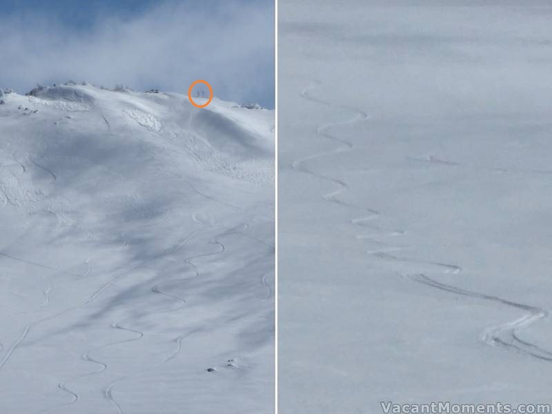 For a brief moment the clouds parted to expose Simon and Mike at the top and my tracks coming back down<BR>Skiing down the next valley on the way home as the cloud chased me all the way