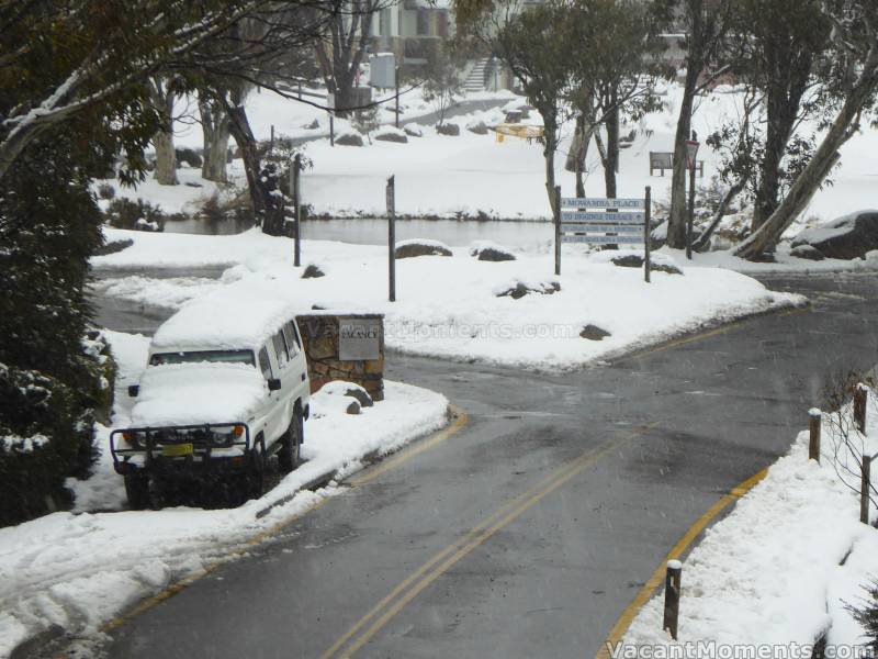 A white Village Green, as seen on my way back home<BR>Note snow had now melted on the roads