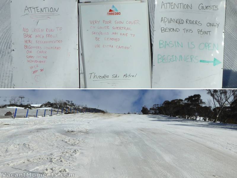 Signage at the top of the Supertrail<BR>and looking back over the fresh corduroy up towards Kareela Hutte