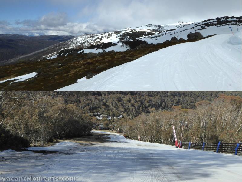 Looking south towards Eagles Nest from the top of Wiamea (soft from the start)<BR>Looking down Milk Run to Ski-in Walk-out corner